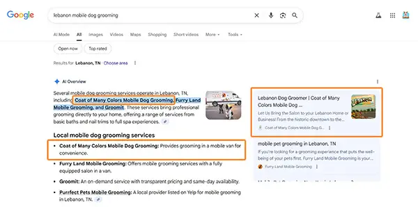 Screenshot showing Coat of Many Colors Mobile Dog Grooming featured in Google’s AI Overview for Lebanon, TN, with additional ranking results visible in the full-size image.