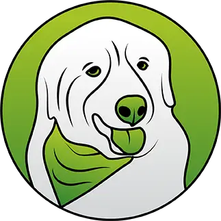 Coat of Many Colors Mobile Dog Grooming logo featuring owner Heidi Clark's great pyrenees Ruby.
