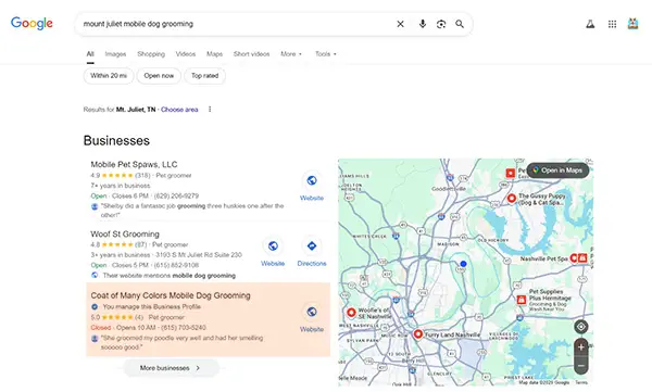 Google Map Pack results showing Coat of Many Colors Mobile Dog Grooming ranked among top listings for Mount Juliet mobile dog grooming search.