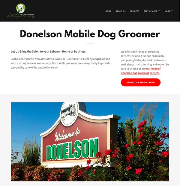 Screenshot of the Donelson, Nashville service area page built for Coat of Many Colors Mobile Dog Grooming to improve local visibility for nearby dog owners.