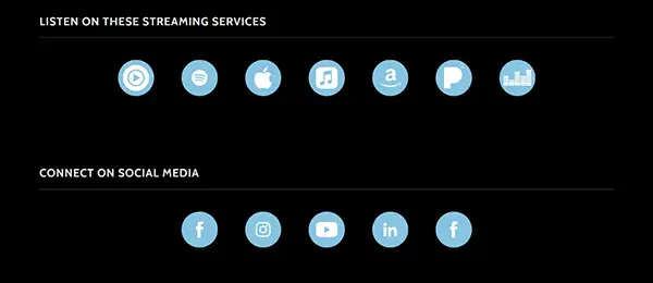 Custom-colored streaming and social media icons on Gary Meggs’ website, designed to match the site’s branding.