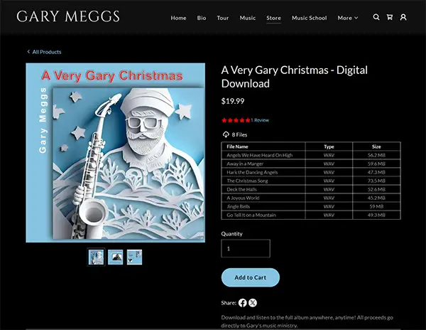 Screenshot of Gary Meggs’ digital download store page for the album ‘A Very Gary Christmas,’ showing track list and purchase button