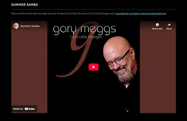 Screenshot of Gary Meggs’ ‘Summer Samba’ single embedded on his music website with a preview of the YouTube video.