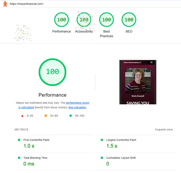 Mezzo Financial website earning perfect 100 scores in Google Lighthouse for Performance, Accessibility, Best Practices, and SEO