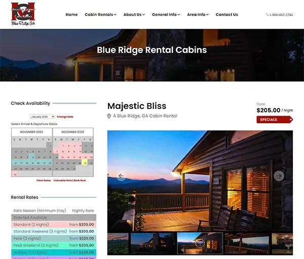 Screenshot of cabin availability calendars and rate tables showing seasonal pricing and booking options.