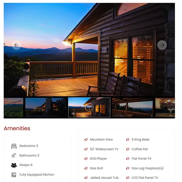 Screenshot of a cabin photo gallery with an amenities list including mountain views, king beds, hot tub, kitchen, and more.