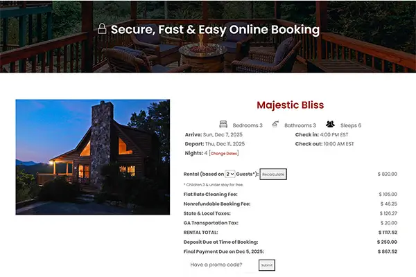 Screenshot of the secure online booking checkout form showing total rental cost, deposit due, and payment fields.