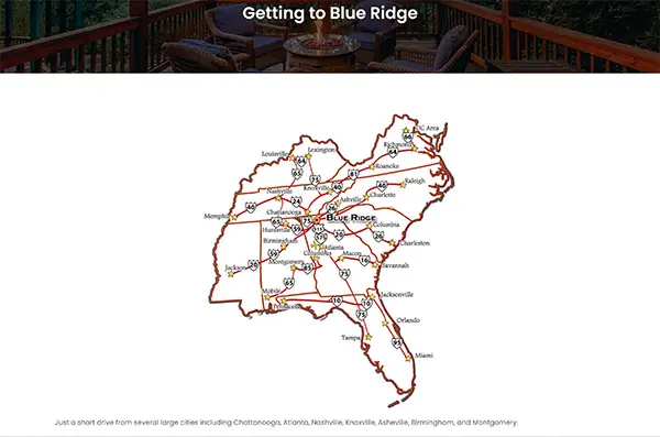 Custom illustrated map of the southeastern United States showing major driving routes to Blue Ridge, Georgia.