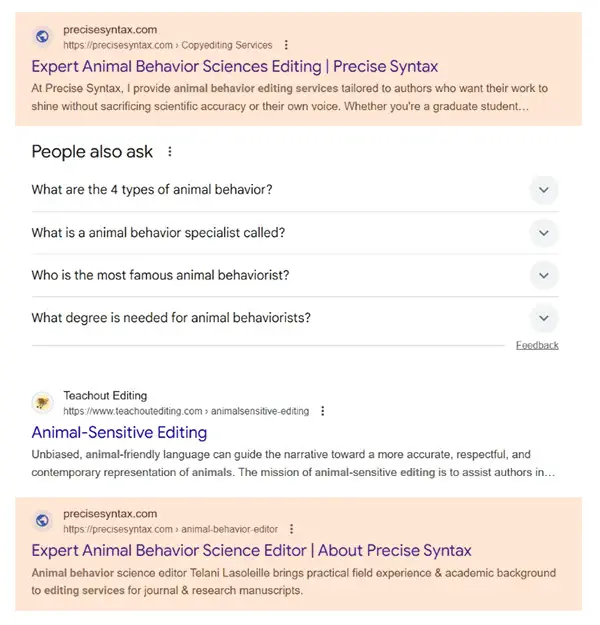 Precise Syntax featured prominently in Google results for the query “animal behavior editing services,” shown alongside academic and professional editing providers.