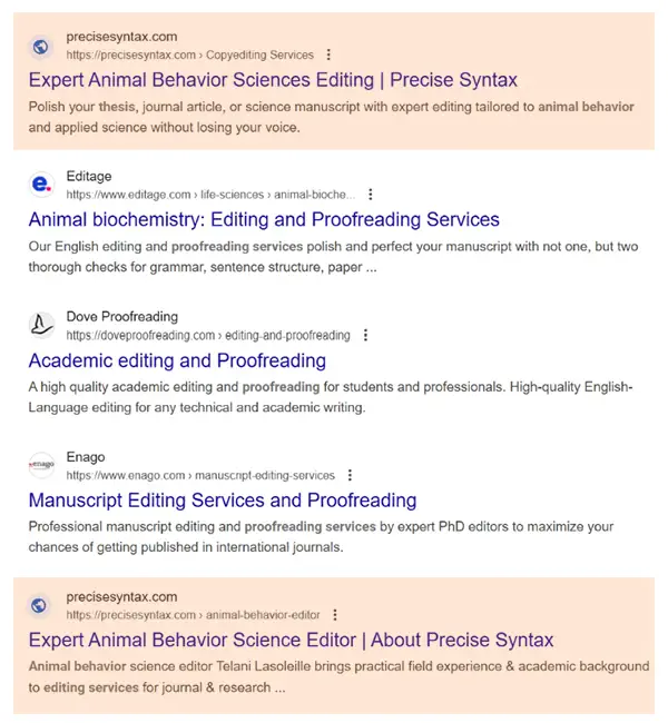 Precise Syntax appearing as the top result in Google for the query “animal behavior thesis proofreading service,” highlighted among academic editing providers.