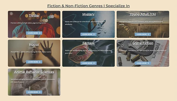 Genre grid section of the Precise Syntax homepage featuring visual cards for Thriller, Mystery, Young Adult, Horror, Fantasy, and Crime editing services.