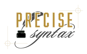 Precise Syntax logo featuring owner Heidi Clark's great pyrenees Ruby.