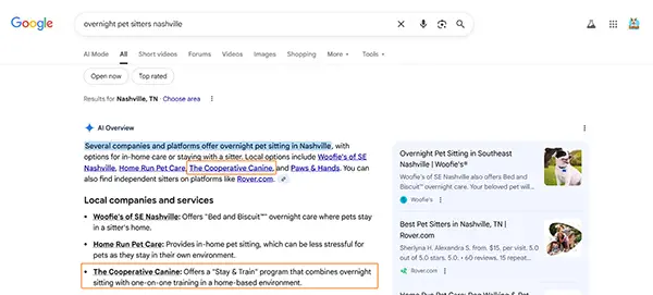 Google AI Overview showing The Cooperative Canine as a recommended Nashville overnight pet sitter as well as two Top 10 organic listings with enhanced snippet.