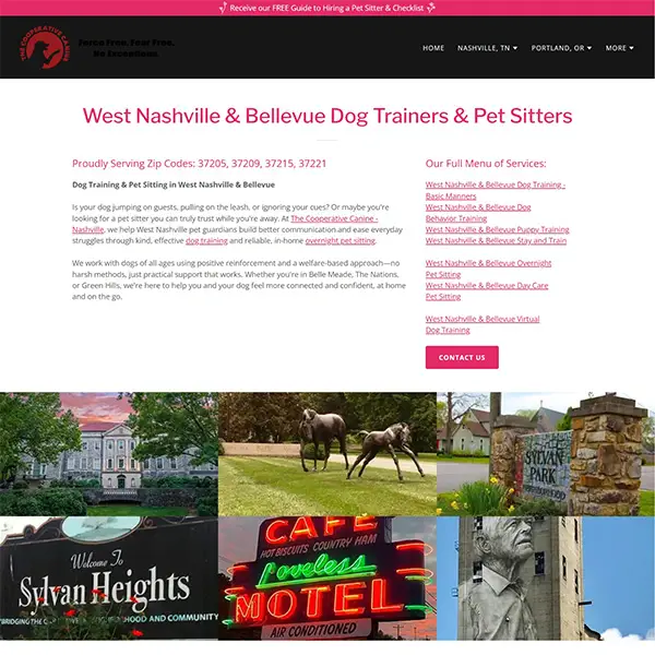 West Nashville service area page used to strengthen local dog training and pet sitting visibility.