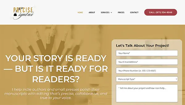 Screenshot of professional website for Precise Syntax built using GoDaddy Website Builder includes hyper-local service area SEO by WooWoo WebWorks
