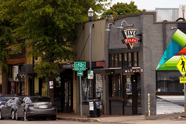 Neighborhood entrance sign at Five Points in East Nashville TN, one of Nashville’s most iconic local districts.
