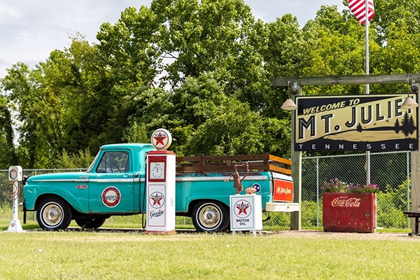 Vintage pickup truck with Mount Juliet Tennessee welcome signage, representing the eastern Nashville metro region.