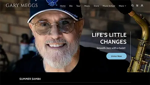 E-commerce music website for Gary Meggs, a Christian Jazz artist built using the GoDaddy Website Builder platform.