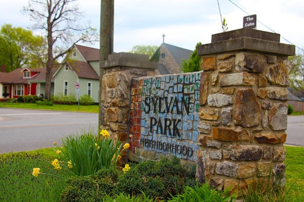 Sylvan Park neighborhood sign near Richland Park in West Nashville Tennessee.